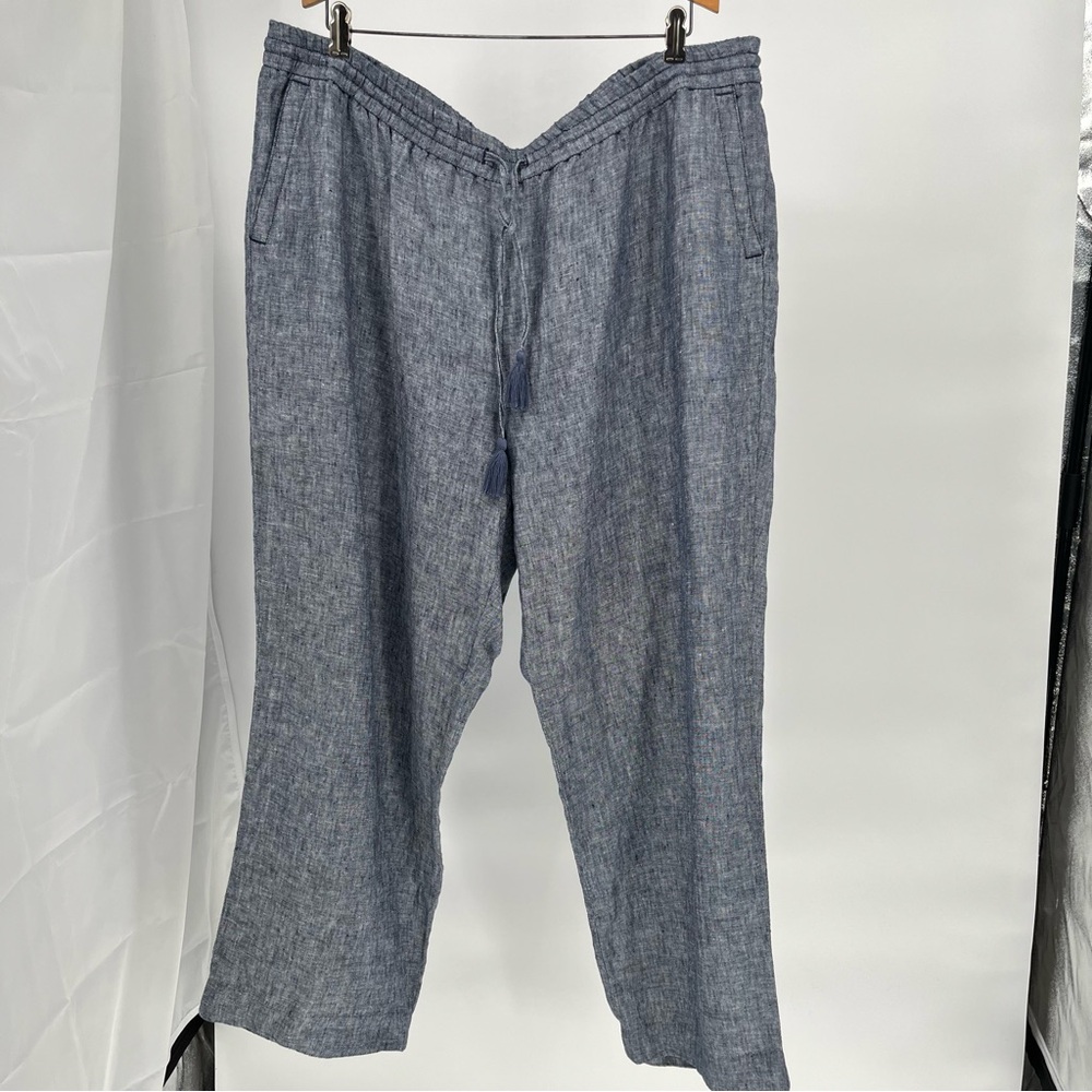 Talbots Womens 100% Linen Straight Leg Pants Size 20W Blue Pull On Drawstring